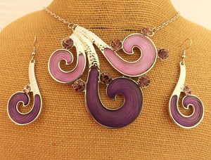 Purple & Silver Tone Koru Pendant Necklace & Earrings Set