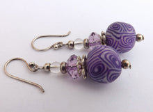 Load image into Gallery viewer, Purple &amp; White Kathryn Design Bead Earrings on Sterling Silver Hooks
