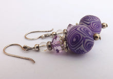 Load image into Gallery viewer, Purple &amp; White Kathryn Design Bead Earrings on Sterling Silver Hooks
