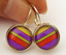 Load image into Gallery viewer, Purple, Yellow, Orange &amp; Green Stripes - Silver Tone Dome Earrings on Lever Back Hooks
