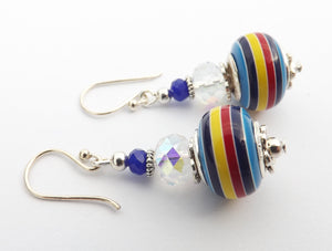 Blue, Yellow, Red Stripes Acrylic Bead Earrings