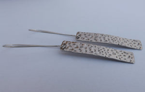Rectangle Earrings Textured Silver Tone  on Long Kidney Hooks