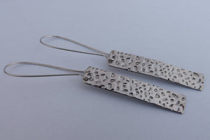 Rectangle Earrings Textured Silver Tone  on Long Kidney Hooks