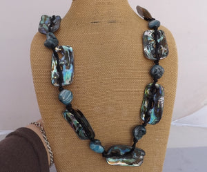 Rectangular Paua, Blue Plastic & Black Cord Necklace