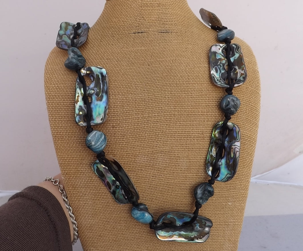 Rectangular Paua, Blue Plastic & Black Cord Necklace