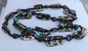 Rectangular Paua, Blue Plastic & Black Cord Necklace