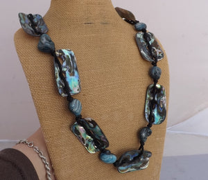 Rectangular Paua, Blue Plastic & Black Cord Necklace