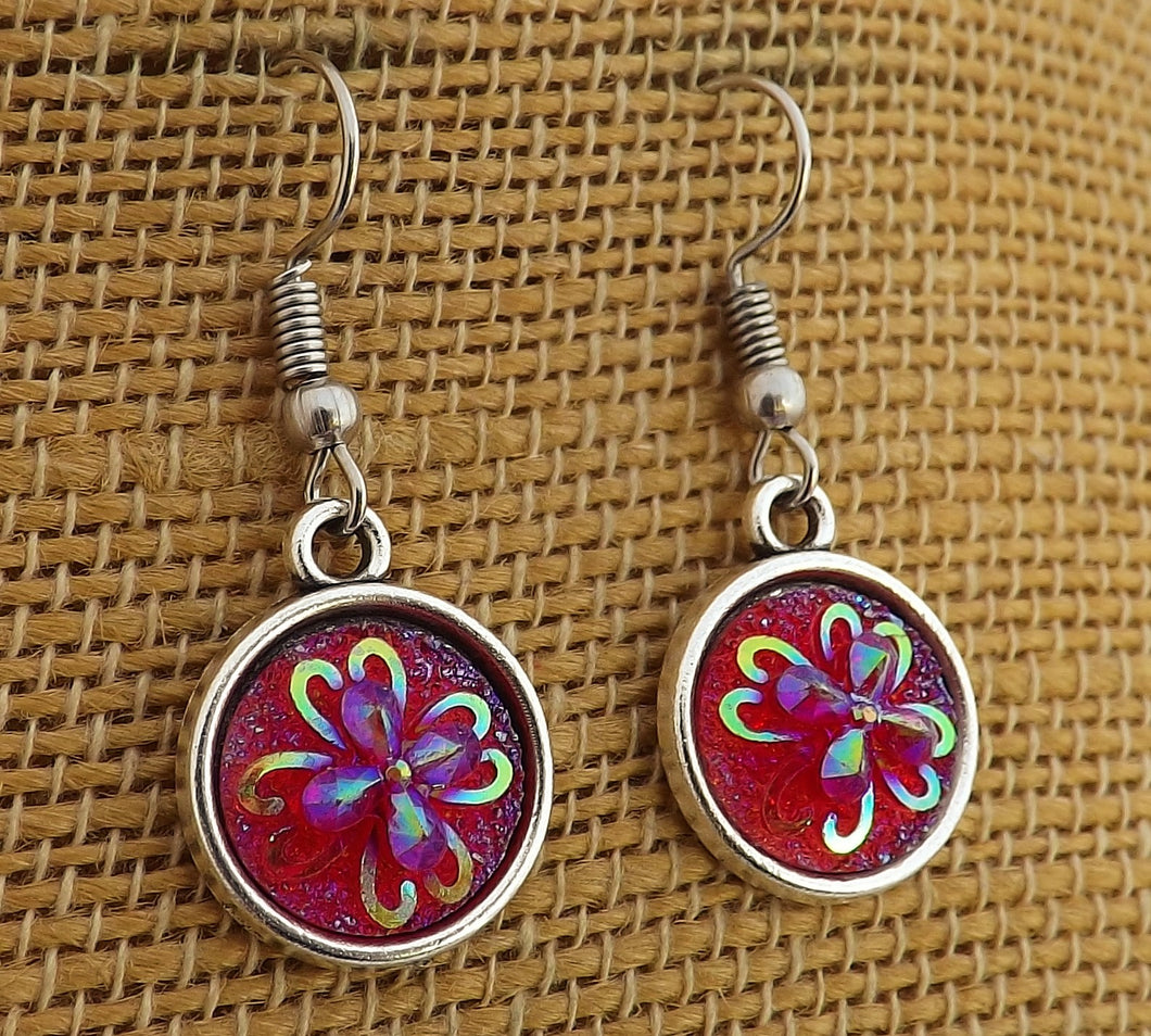 Red 3D Flower AB Lustre - Drop Dome Earrings