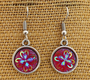 Red 3D Flower AB Lustre - Drop Dome Earrings