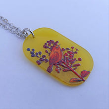 Load image into Gallery viewer, Red Bird &amp; Flowers on Yellow Acrylic Pendant Necklace
