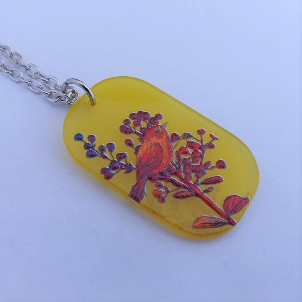 Red Bird & Flowers on Yellow Acrylic Pendant Necklace