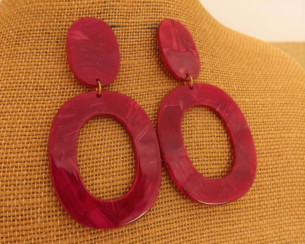 Red Chunky Acrylic Drop Earrings on Stud Setting