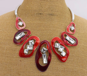 Red Enamel Effect & Silver Tone Collar Necklace