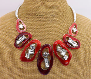 Red Enamel Effect & Silver Tone Collar Necklace