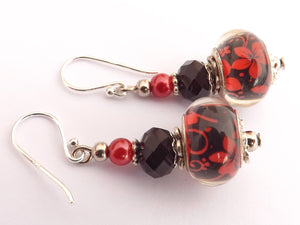 Red Flowers on Black Acrylic Bead Earrings on Sterling Silver Hooks