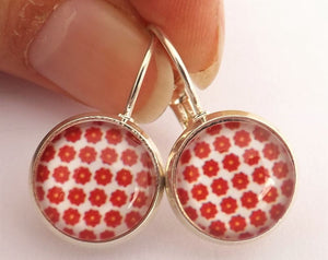 Red Flowers on White - Dome Earrings on Lever Back Hooks