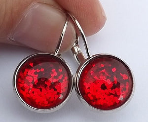 Red Glitter Dome Earrings on Lever Back Hooks