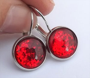 Red Glitter Dome Earrings on Lever Back Hooks