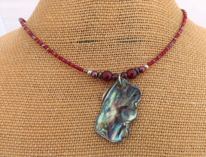 Red  Handmade Paua Shell & Bead Necklace