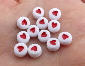 10x Red Heart in White Circle, Round Beads 7mm