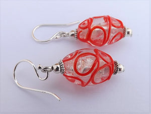 Red Squiggles on Foil Oval  Handmade Bead Earrings