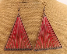 Load image into Gallery viewer, Red Stretched Cord in Copper Tone Triangle, Drop Earrings
