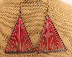 Red Stretched Cord in Copper Tone Triangle, Drop Earrings