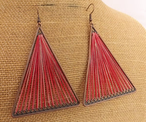 Red Stretched Cord in Copper Tone Triangle, Drop Earrings