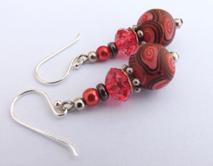 Red & Black Mix Kathryn Design bead earrings on sterling silver Hooks