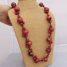 Load image into Gallery viewer, Red, Black &amp; Gold Wood Bead Necklace on Cord
