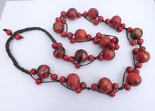 Load image into Gallery viewer, Red, Black &amp; Gold Wood Bead Necklace on Cord

