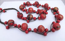 Load image into Gallery viewer, Red, Black &amp; Gold Wood Bead Necklace on Cord
