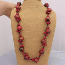 Load image into Gallery viewer, Red, Black &amp; Gold Wood Bead Necklace on Cord
