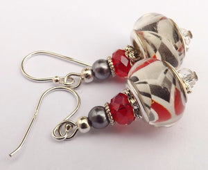 Red, Black & White Acrylic Bead Earrings on Sterling Silver Hooks