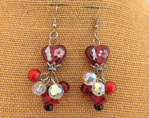 Red, Black & White Glass Heart Bead, Drop Earrings