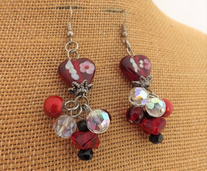 Red, Black & White Glass Heart Bead, Drop Earrings