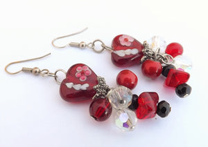 Red, Black & White Glass Heart Bead, Drop Earrings