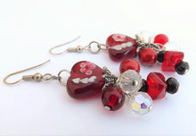 Load image into Gallery viewer, Red, Black &amp; White Glass Heart Bead, Drop Earrings
