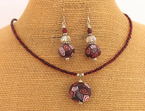 Red, Black & White Kathryn Design Handmade Beads Necklace & Earrings Set