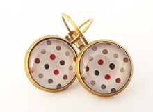 Load image into Gallery viewer, Red &amp; Blue Polka Dots - Bronze Tone Dome Earrings on Lever Back Hooks
