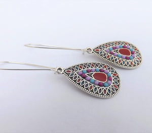 Red, Blue, Purple & Silver Tone Teardrop Dotted Earrings on Long Kidney Hooks