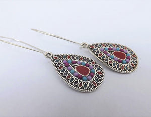Red, Blue, Purple & Silver Tone Teardrop Dotted Earrings on Long Kidney Hooks