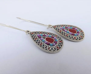Red, Blue, Purple & Silver Tone Teardrop Dotted Earrings on Long Kidney Hooks