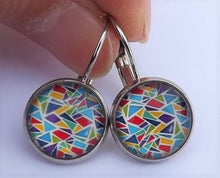 Load image into Gallery viewer, Red, Blue, Yellow, Green &amp; Purple Pattern Handmade Dome Earrings
