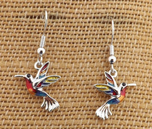 Load image into Gallery viewer, Red, Blue, Yellow &amp; Silver Toned Hummingbird Earrings
