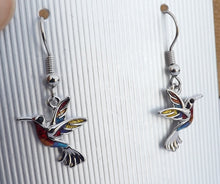 Load image into Gallery viewer, Red, Blue, Yellow &amp; Silver Toned Hummingbird Earrings
