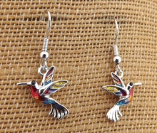 Load image into Gallery viewer, Red, Blue, Yellow &amp; Silver Toned Hummingbird Earrings
