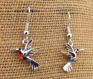 Red, Blue, Yellow & Silver Toned Hummingbird Earrings