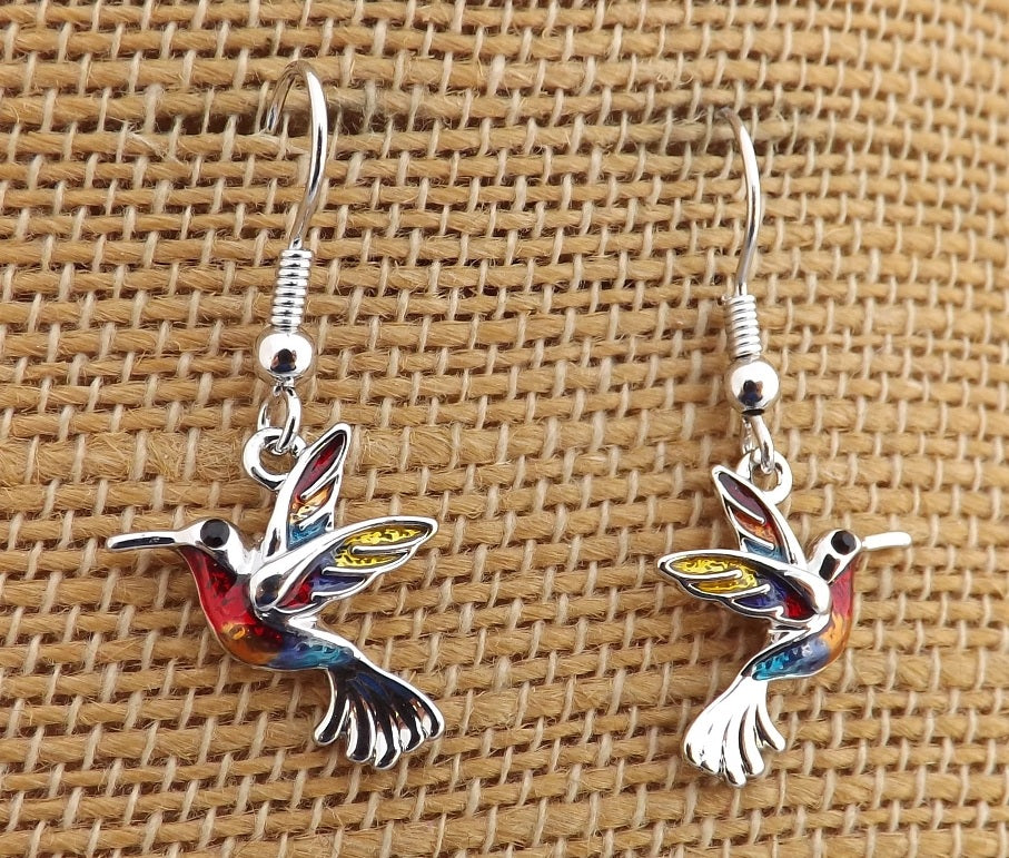 Red, Blue, Yellow & Silver Toned Hummingbird Earrings