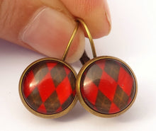 Load image into Gallery viewer, Red &amp; Brown Checker Pattern - Bronze Tone Dome Earrings on Lever Back Hooks
